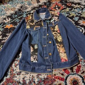 Chico's Blue Denim Jacket with Floral Embroidery